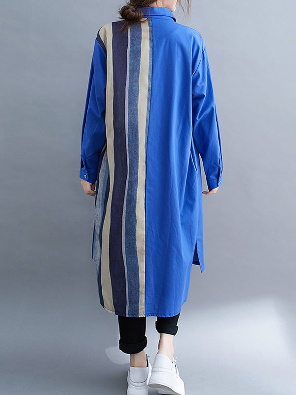 xakxx Original Buttoned Contrast Color Split-Joint Long Sleeves Lapel Blouse