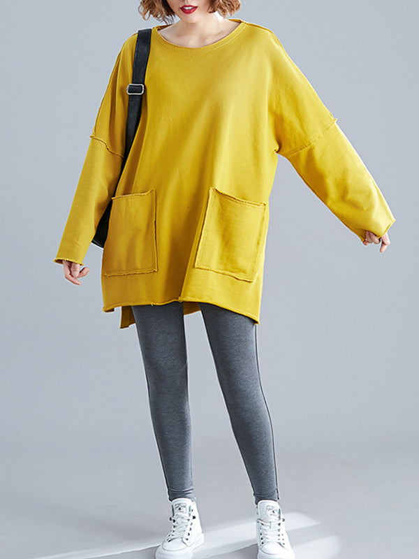 xakxx High-Low Long Sleeves Pockets Solid Color Split-Joint Split-Side Round-Neck Sweatshirt Tops