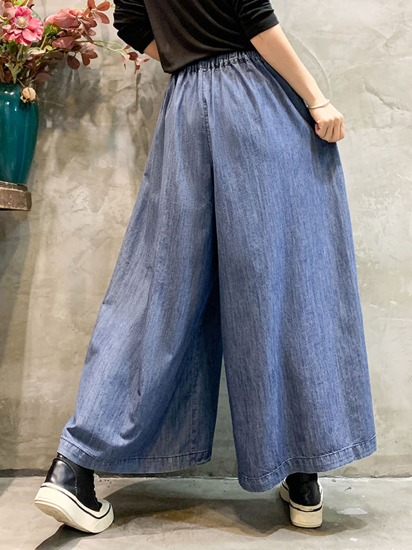 xakxx Casual Wide Leg Loose Color-Block Bandage Embroidered Jean Pants Bottoms