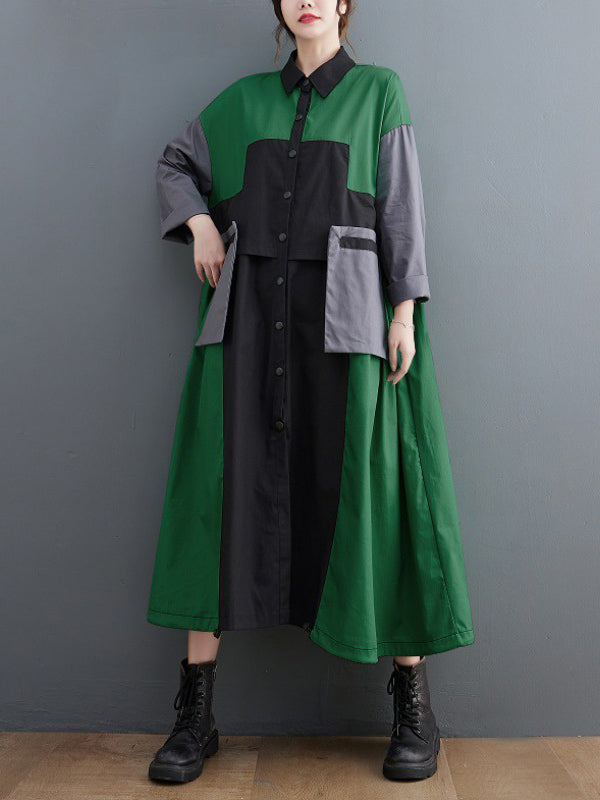 xakxx Vintage Loose Long Sleeves Contrast Color Polo Midi Dresses