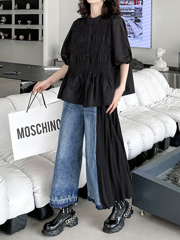 xakxx Loose Ninth Pants Contrast Color Pleated Split-Joint Jean Pants Bottoms