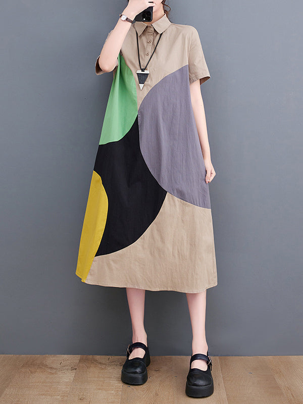xakxx Loose Oversize Color-Block Contrast Color Split-Joint Lapel Midi Dresses Shirt Dress