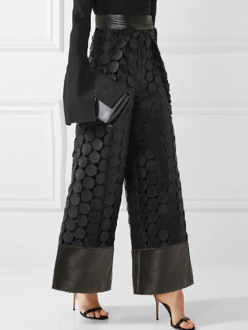 xakxx Loose Wide Leg Polka-Dot Solid Color Casual Pants Bottoms Trousers