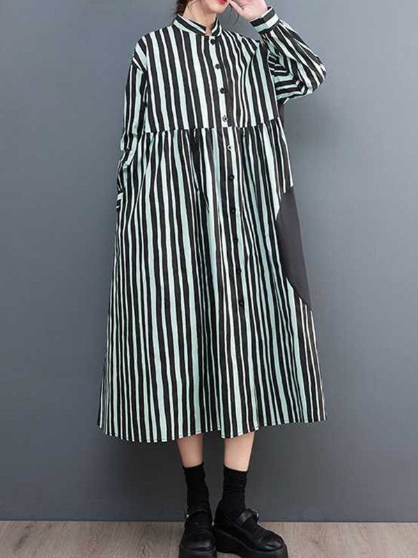 xakxx Long Sleeves Loose Buttoned Split-Joint Striped Mock Neck Midi Dresses