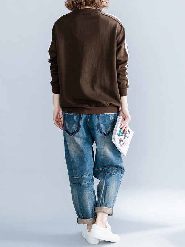 xakxx Cropped Long Sleeves Striped Round-Neck Hoodies&Sweatshirt