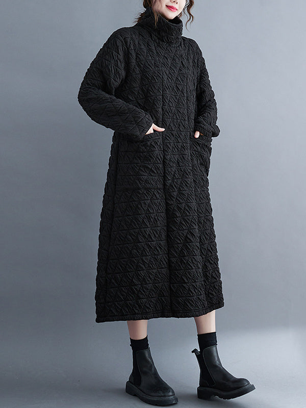 xakxx Casual Long Sleeves Loose Solid Color Textured High-Neck Cotton Padded Midi Dresses