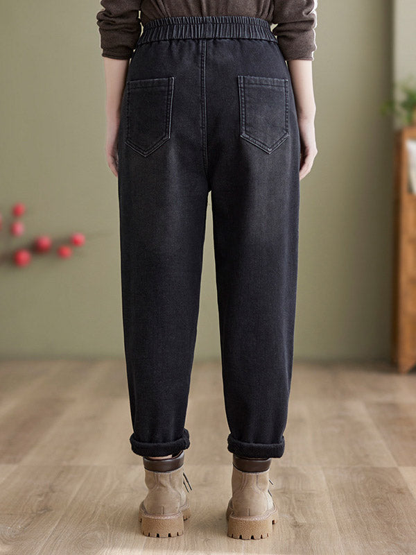 xakxx Casual Loose Velvet Solid Color With Pockets Harem Jean Pants Bottoms