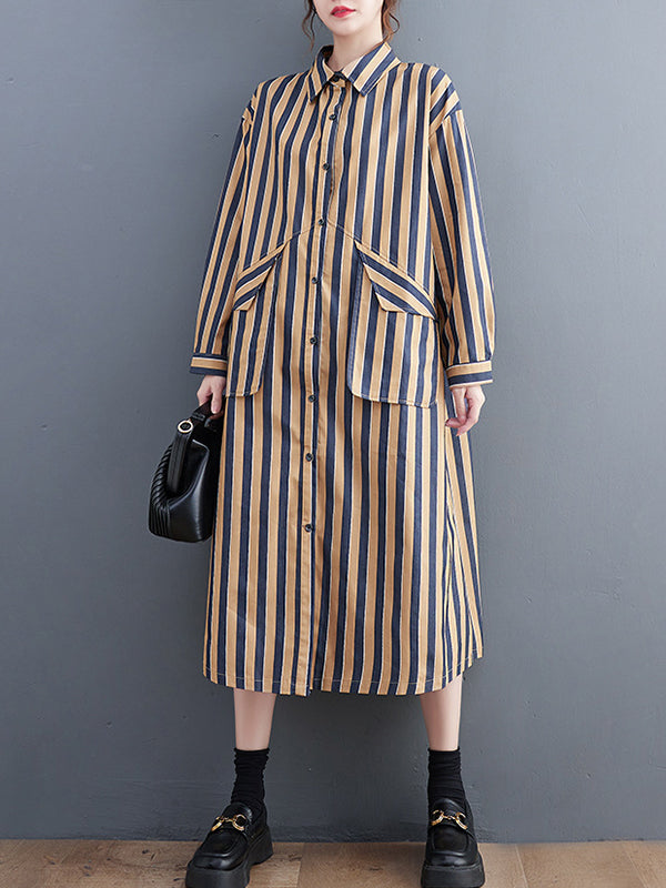 xakxx Original Loose Long Sleeves Buttoned Striped Lapel Collar Midi Shirt Dresses