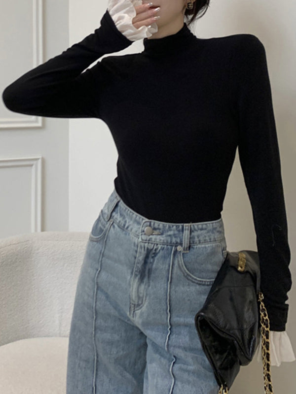 xakxx Long Sleeves Skinny Pleated Split-Joint High Neck T-Shirts
