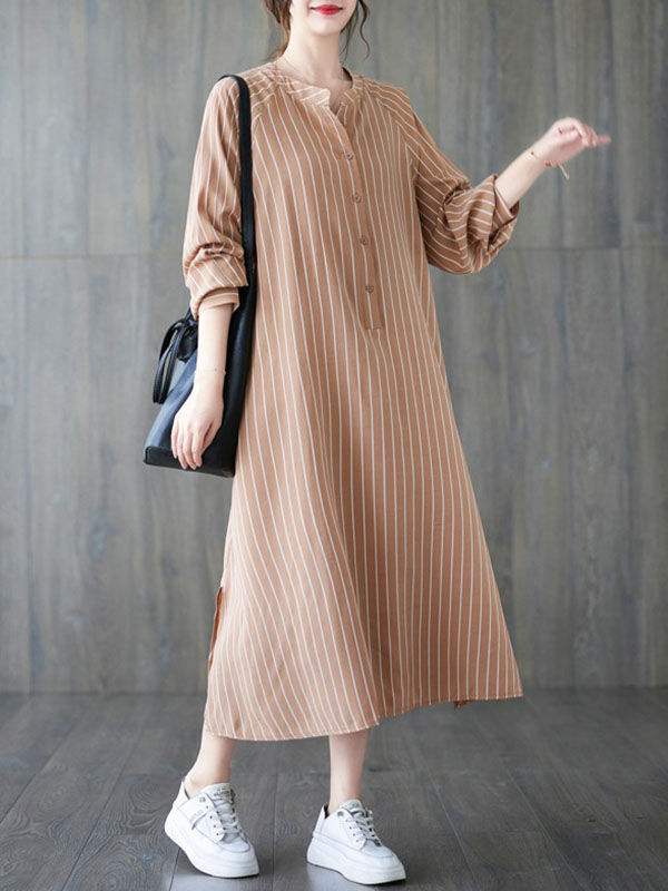 xakxx Long Sleeves Loose Buttoned Split-Side Striped Round-Neck Midi Dresses Shirt Dress