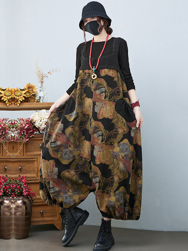xakxx Artistic Retro Vintage Loose Floral Printed Square-Neck Sleeveless Overalls