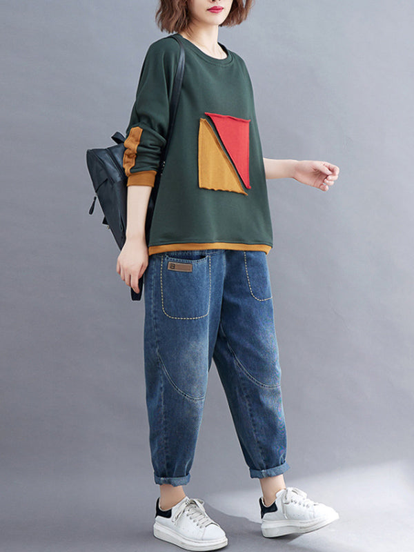 xakxx Artistic Retro Loose Triangle Applique Contrast Color Round-Neck Long Raglan Sleeves Sweatshirt