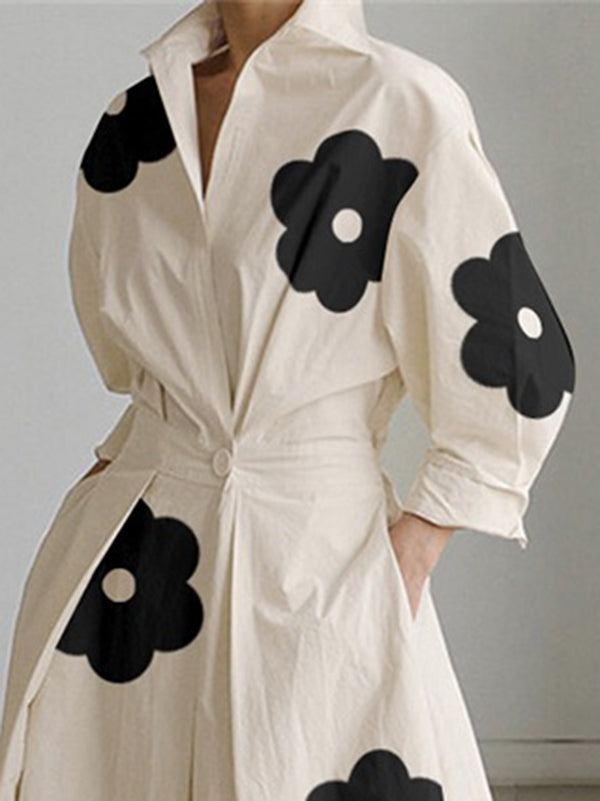 xakxx Long Sleeves Loose Contrast Color Floral Printed Pleated Tied Waist Lapel Shirt Dress