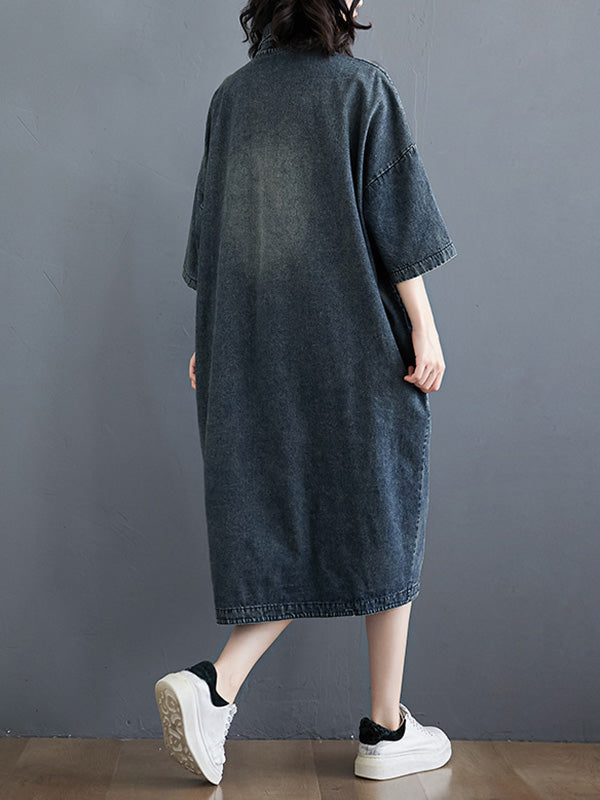 xakxx Denim Split-Joint Plus Size Half Sleeve Lapel Shirt Dress