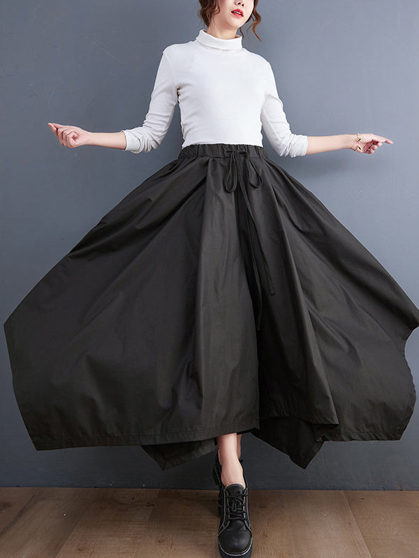 xakxx Cropped A-Line Drawstring Solid Color Pants Culotte