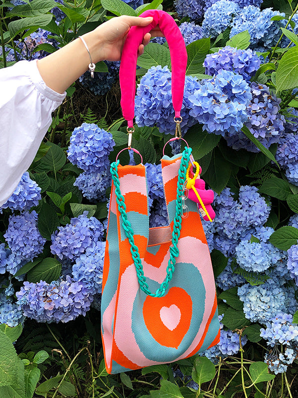 xakxx Chains Contrast Color Heart Print Woven Bags Handbags