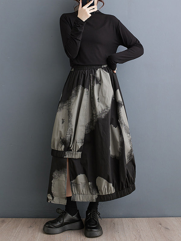 xakxx High Waisted Loose Asymmetric Elasticity Pleated Split-Joint Skirts
