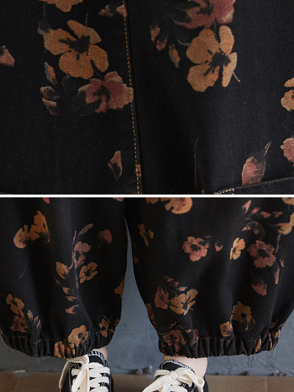 xakxx Original Floral With Pocket Harem Denim Overalls