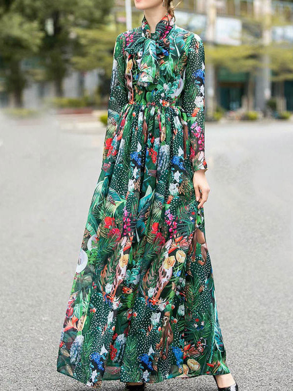 xakxx High Waisted Long Sleeves Bowknot Elasticity Flower Print Zipper Round-Neck Maxi Dresses