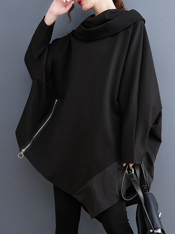 xakxx Long Sleeves Loose Asymmetric Split-Joint Zipper Heaps Collar Sweatshirt Tops