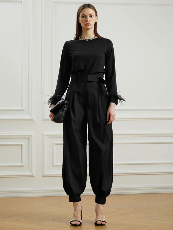xakxx Simple High Waisted Black Casual Harem Pants Bottoms