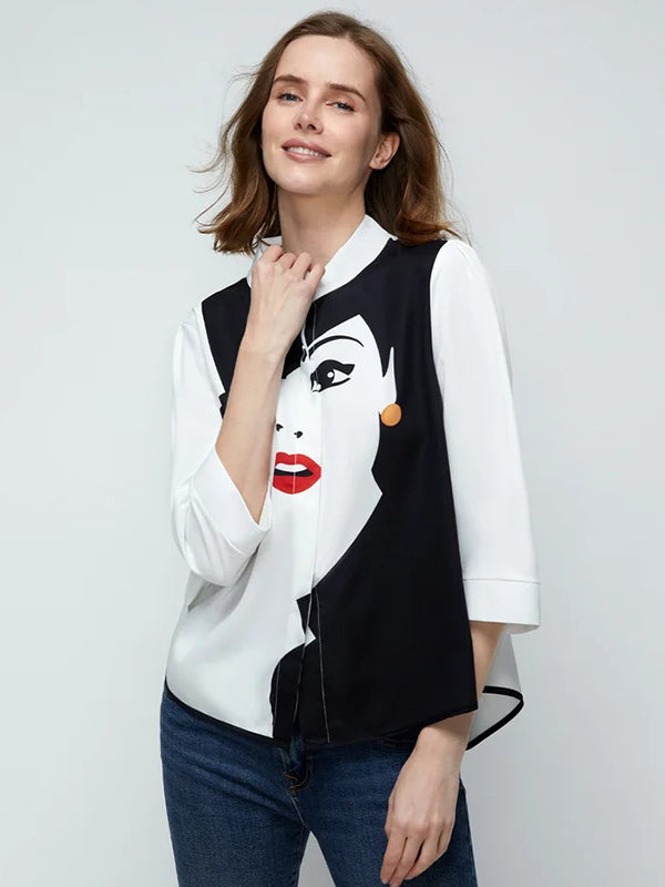 xakxx Casual Three-Quarter Sleeves Figure Buttoned Printed Stand Collar Blouses&Shirts Tops