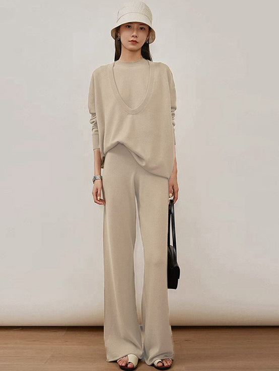 xakxx xakxx-Urban Loose Solid Round-Neck Vest Top& V-Neck Sweater Tops& Wide Leg Pants Three-Piece Set