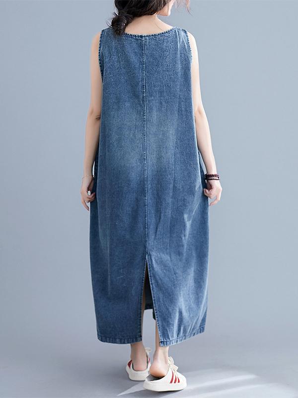 xakxx Loose Sleeveless Denim V-Neck Midi Dress
