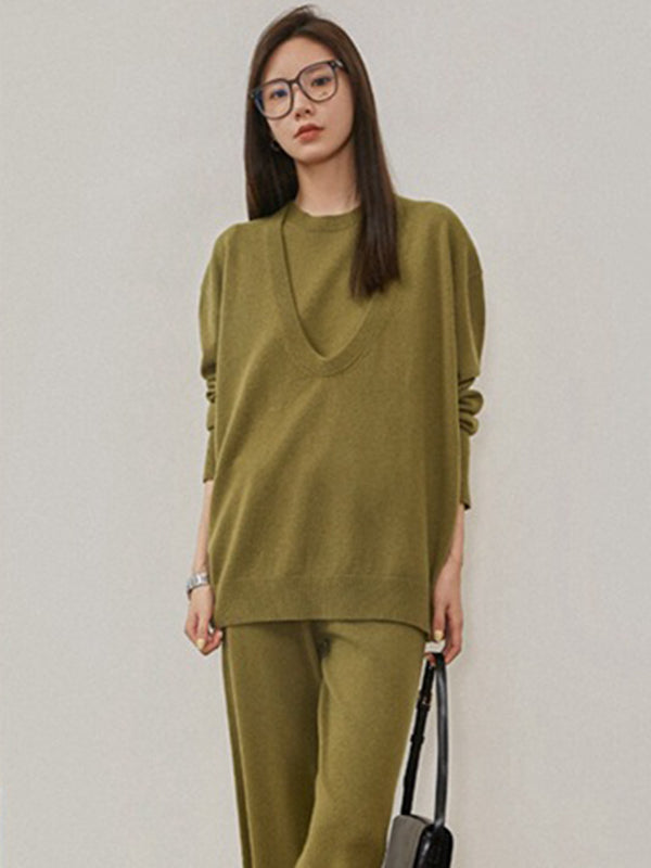 xakxx xakxx-Urban Loose Solid Round-Neck Vest Top& V-Neck Sweater Tops& Wide Leg Pants Three-Piece Set