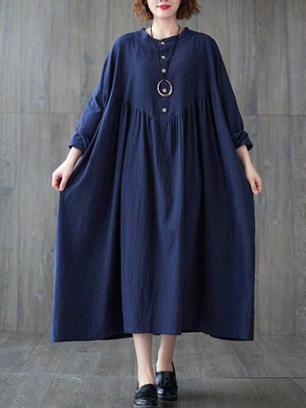 xakxx Loose Puff Sleeves Pleated Solid Color Stand Collar Midi Dresses