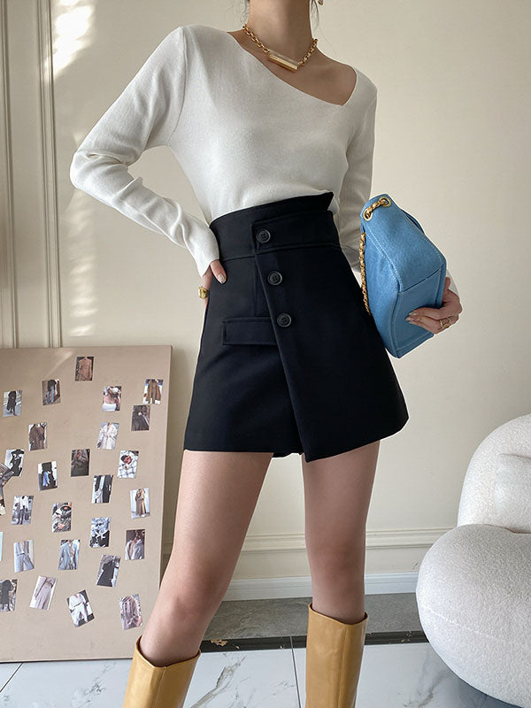 xakxx High Waisted Irregular Clipping Solid Color Culotte Shorts Bottoms