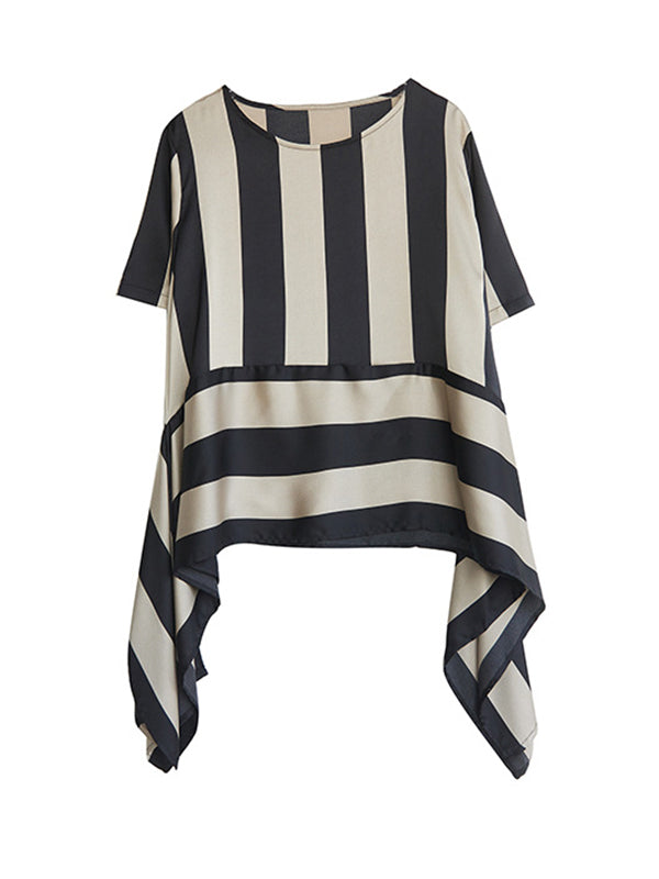 xakxx Irregular Clipping Loose Striped Round-Neck T-Shirt + Wide Leg Pants Two Pieces Set