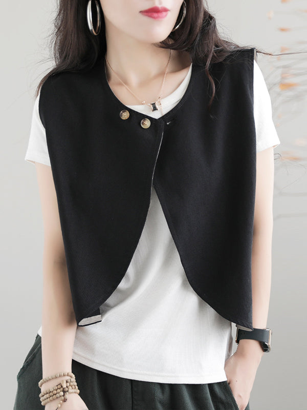 xakxx Artistic Retro Loose Sleeveless Solid Color Round-Neck Vest Outerwear