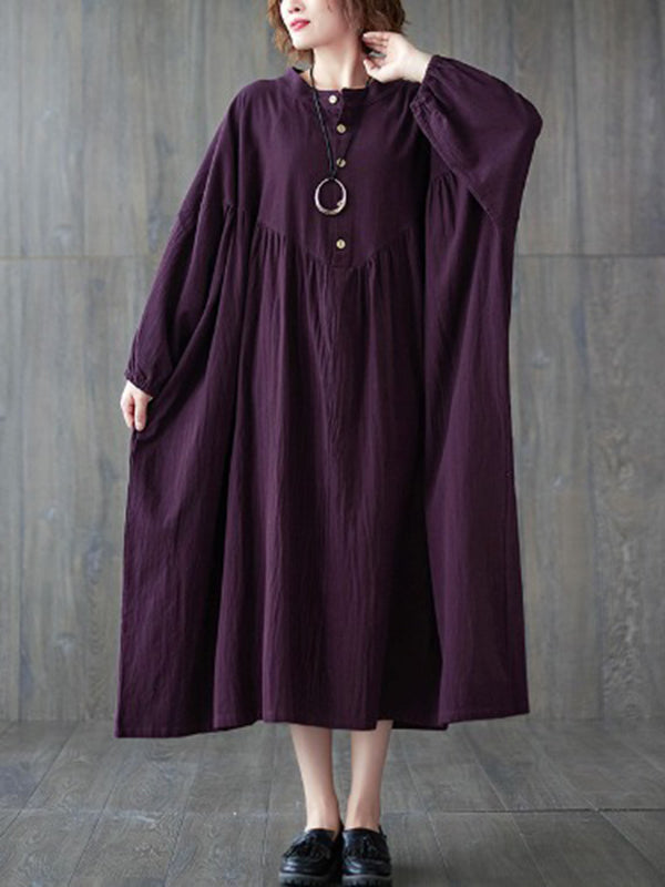 xakxx Loose Puff Sleeves Pleated Solid Color Stand Collar Midi Dresses