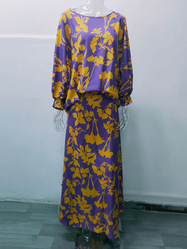 xakxx Loose Contrast Color Floral Printed T-Shirt Top&Skirt 2 Pieces Set