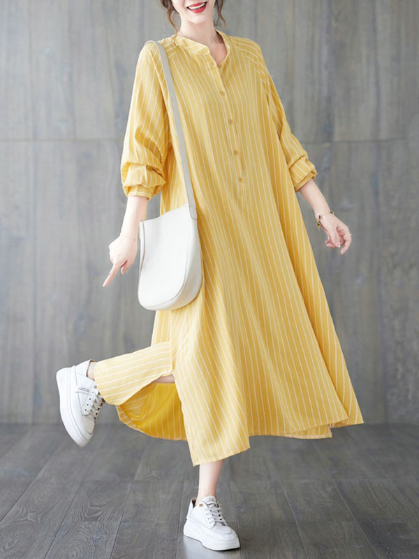 xakxx Long Sleeves Loose Buttoned Split-Side Striped Round-Neck Midi Dresses Shirt Dress