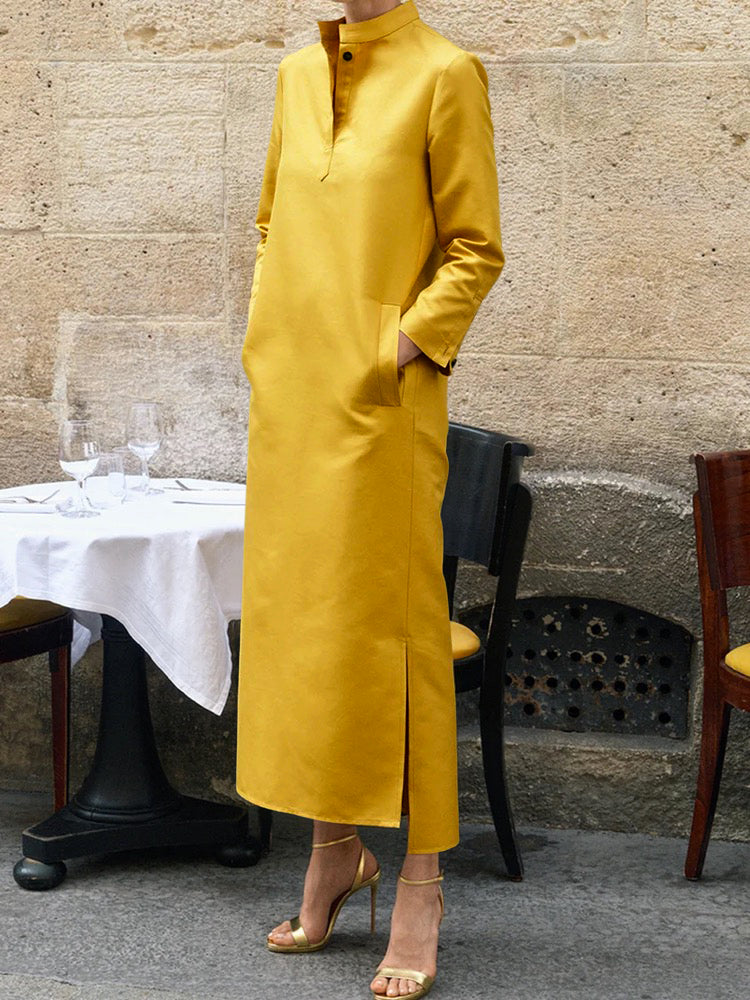 xakxx Long Sleeves Loose Solid Color Split-Side Stand Collar Midi Dresses