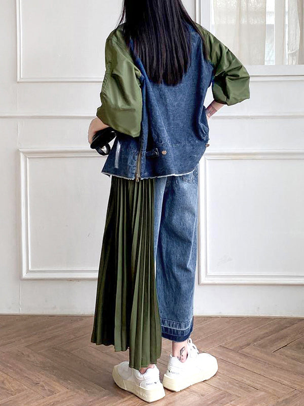 xakxx Loose Ninth Pants Contrast Color Pleated Split-Joint Jean Pants Bottoms