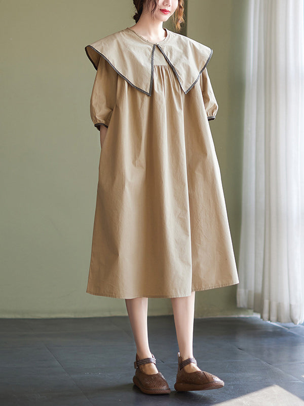 xakxx Loose Short Sleeves Pleated Split-Joint Peter Pan Collar Midi Dresses