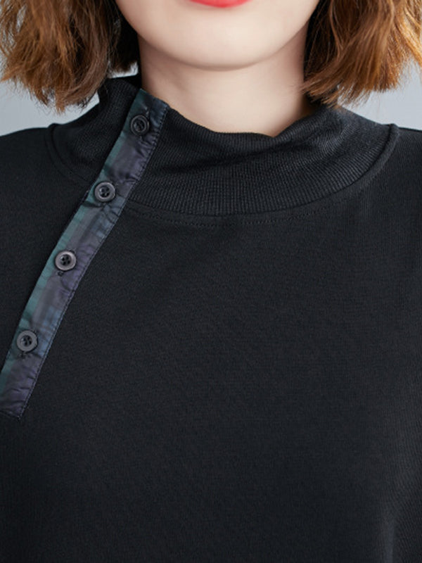 xakxx Simple Long Sleeves Loose Split-Joint Solid Color High-Neck Sweatshirt Tops