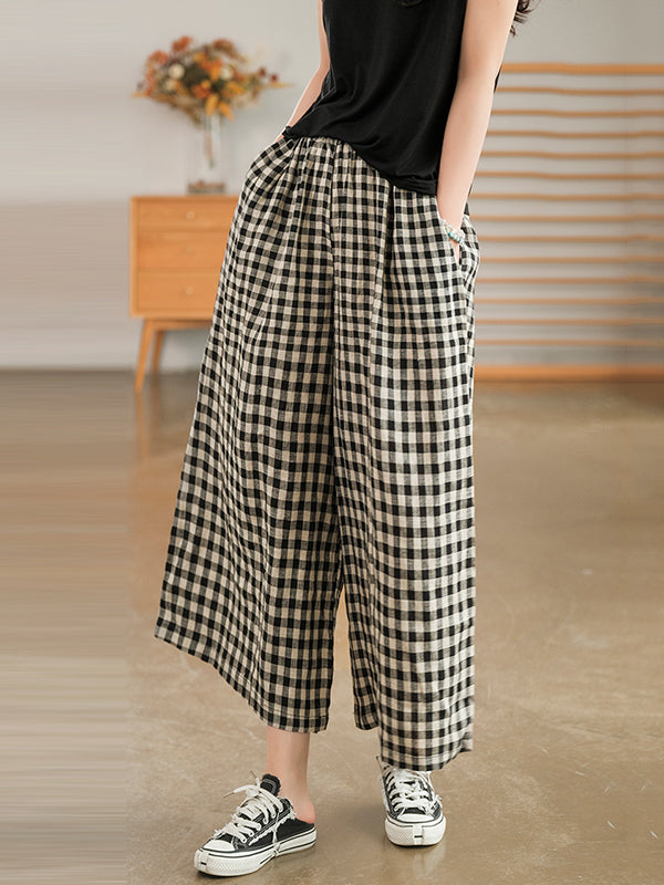 xakxx Artistic Retro Linen Loose Wide Legs Plaid Drawstring Pants