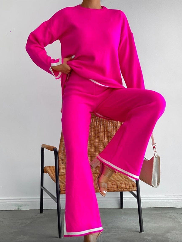 xakxx xakxx-Urban Loose Contrast Color Long Sleeves Round-Neck Sweater Tops & Pants Suits
