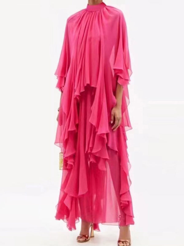 xakxx Loose Raglan Sleeve Solid Color Tiered Stand Collar Maxi Dresses