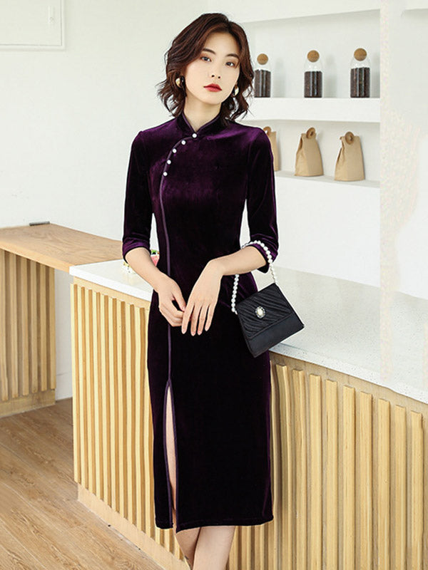 xakxx Solid Color Velvet Banquet Split-Side Long Cheongsams