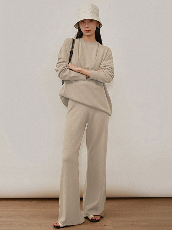 xakxx xakxx-Urban Loose Solid Round-Neck Vest Top& V-Neck Sweater Tops& Wide Leg Pants Three-Piece Set