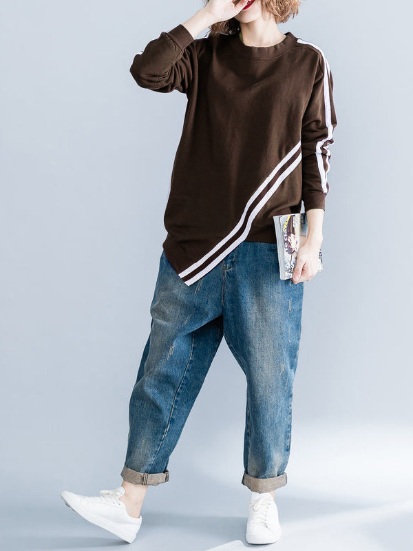 xakxx Cropped Long Sleeves Striped Round-Neck Hoodies&Sweatshirt