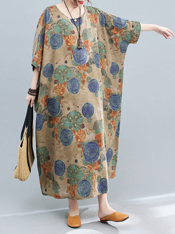 xakxx Casual Half Sleeves Loose Floral Printed Contrast Color Polka-Dot Round-Neck Midi Dresses