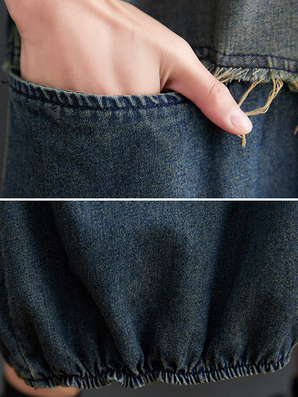 xakxx Original Loose Denim Contrast Color Round-Neck Long Sleeves Midi Dress