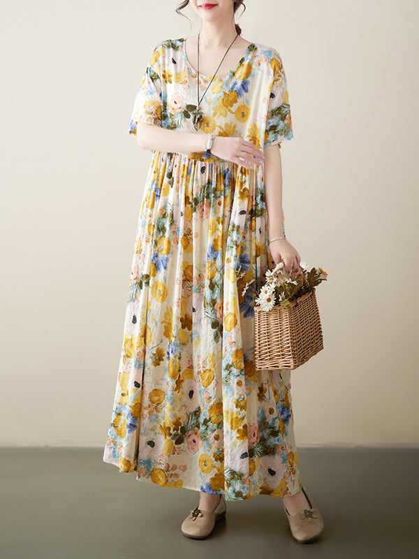 xakxx A-Line Loose Floral Printed Round-Neck Midi Dresses