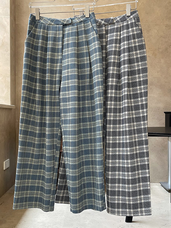 xakxx Vintage Wide Leg High-Waisted Pleated Plaid Pants